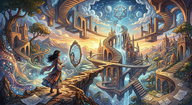 fantasy world with endless stairs and portals, journey between dimensions, magic and knowledge, surreal landscape, geometric symbols, vibrant illustration
