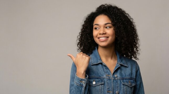Smiling young Black woman wearing a blue denim jacket pointing thumb sideways toward the left copy space.