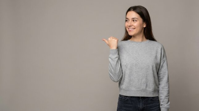 Smiling dark haired female wearing comfortable gray sweatshirt gesturing with her thumb indicating large empty space.