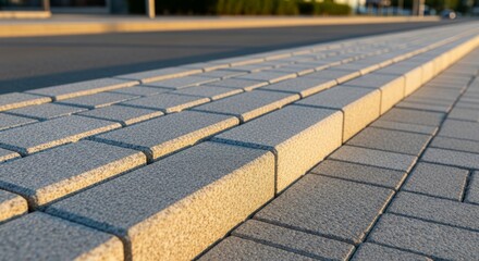 Fototapeta premium Granite paver curb pattern in golden hour light, showcasing modern urban infrastructure and street design with copy space.