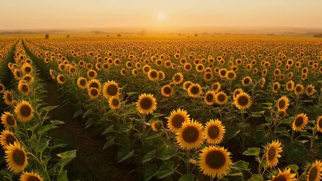 Aerial view of an expansive sunflower field bathed in warm golden sunlight during sunset or sunrise, captured from a drone perspective.