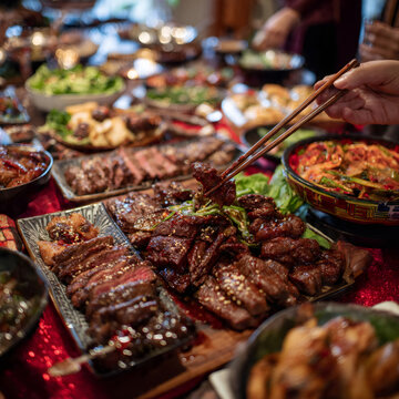 A lavish Korean feast table in 11 aspect ratio, centered around bulgogi with marinated ribs, beef tenderloin slices, and pork belly variation, alongside doenjang-jjigae, spicy gochujang glaze, and pea