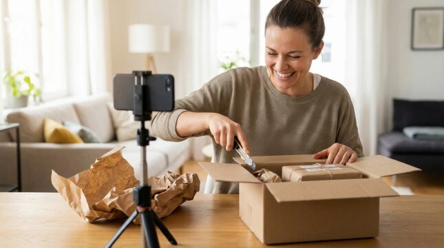 Smiling adult woman opening a brown cardboard delivery box containing wrapped packages while recording an unboxing video using a smartphone on a tripod.