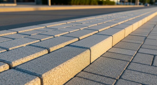 Granite paver curb pattern in golden hour light, showcasing modern urban infrastructure and street design with copy space.