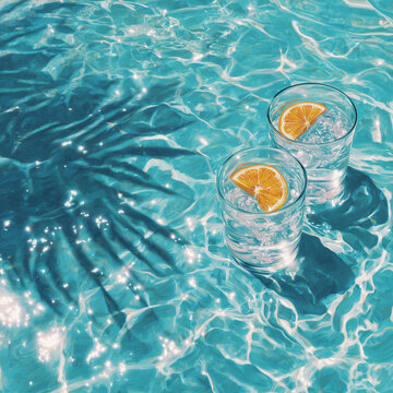 Refreshing summer water background with sparkling pool surface and glasses with orange slices, bright blue abstract liquid texture