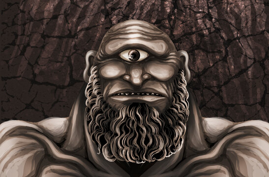 giant cyclops titan with single eye standing inside dark cave