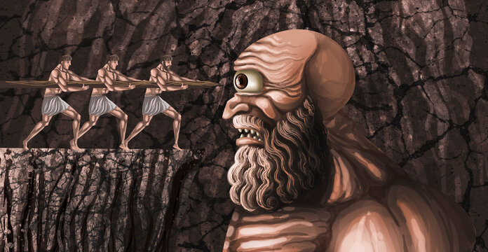 odysseus and his men blinding cyclops polyphemus with wooden stake in dark cave scene from the odyssey