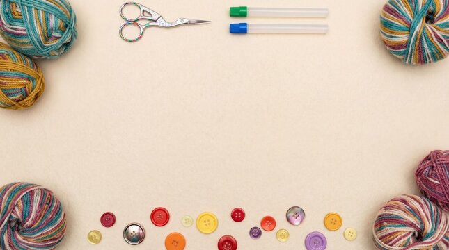 Yarn scissors buttons flat lay border on textured beige surface with central copy space for creative craft project concepts