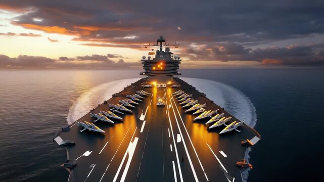 Powerful aircraft carrier gracefully with fighter jets on its deck, showing naval strength, resilience,global defense capabilities under, military security amidst challenging conditions.