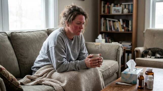Ill woman with flushed cheeks sitting quietly on a couch wrapped in a beige knit blanket holding a hot drink.