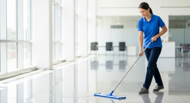 Professional cleaner mopping a wet, polished floor in a modern office lobby with large windows and natural light.