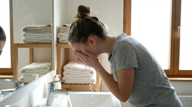 Adult woman wearing gray shirt bending over white ceramic sink washing face with splashing tap water in bright modern bathroom.