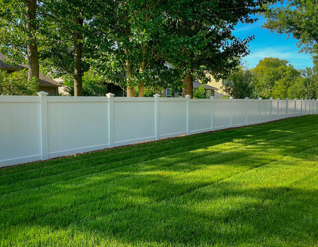 A white vinyl fence separates the backyard's green grass lawn from the neighboring houses. Tall trees provide shade on a sunny day, while the fence offers privacy and security for a suburban home.