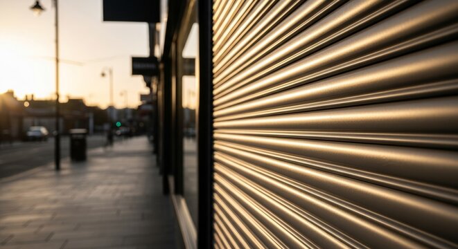 Metallic roll-up security shutters on a storefront at golden hour, offering urban protection and a sense of calm security