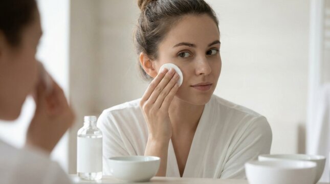 Beautiful adult female using white cotton pad to apply facial cleanser or toner while performing her daily hygiene routine in a bright bathroom.