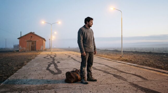 Man Standing Alone at Abandoned Rural Train Station at Dusk