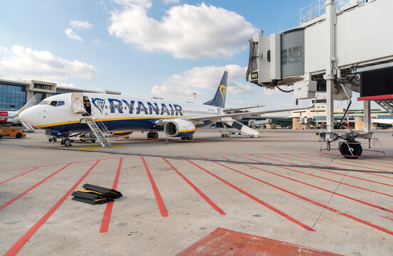 Ferno, Milan-Malpensa, Lombardy, Italy - October 1, 2025: Ryanair Boeing 737-800 aircraft of the low-cost airline Ryanair at Milan Malpensa International Airport