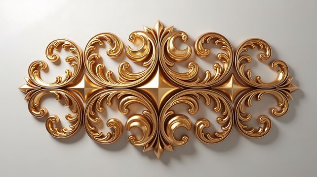 Golden baroque ornament 3D render isolated white background luxury floral scroll decorative element classic design