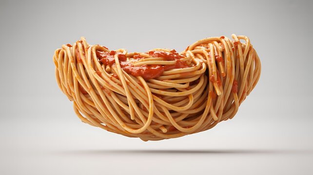 Spaghetti tomato sauce floating isolated white background pasta food levitation concept close up photography