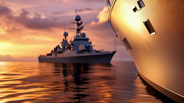 Powerful aircraft carrier gracefully with fighter jets on its deck, showing naval strength, resilience,global defense capabilities under, military security amidst challenging conditions.