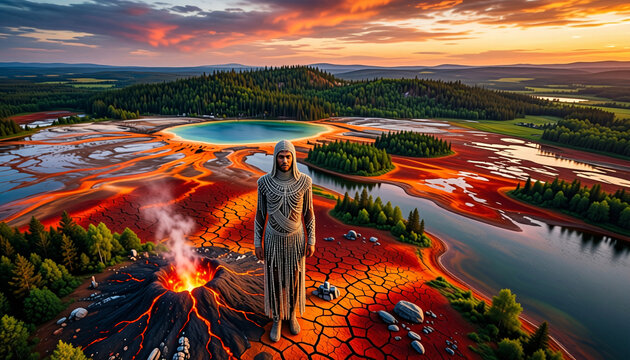 Mysterious figure stands on cracked earth overlooking a surreal, vibrant landscape at sunset