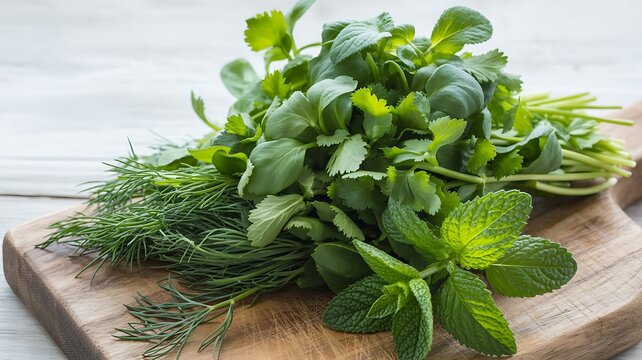Fresh mixed herbs wooden cutting board close up green dill mint parsley organic kitchen ingredient food photography
