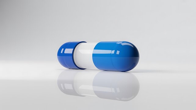 Blue white capsule pill 3D render isolated light background glossy medical drug healthcare pharmacy concept