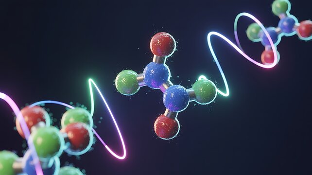 3D molecule structure dark background colorful atom bond chemistry science research neon glow concept render