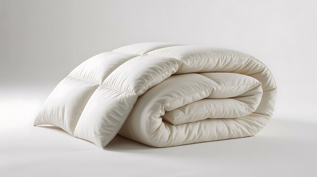 Rolled white comforter on plain background