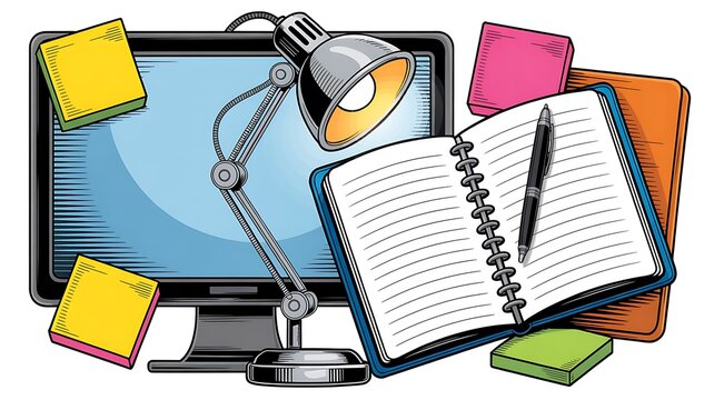 Study desk setup cartoon style monitor notebook lamp sticky notes colorful education workspace concept design