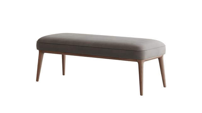 Modern upholstered bench isolated white background gray fabric wooden legs bedroom furniture interior product photography