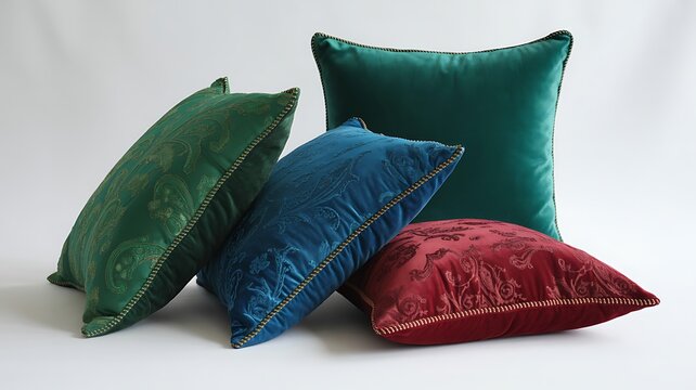 Four colorful silk pillows with gold trim on white background