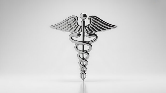Shiny medical caduceus symbol with wings on gray background