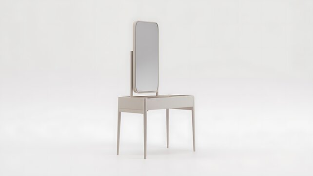 Modern makeup vanity table with attached mirror on white background