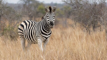 Obraz premium Male zebra, alert, stands in African savanna.
