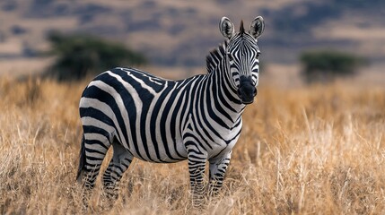 Obraz premium Male zebra, alert, stands in African savanna.