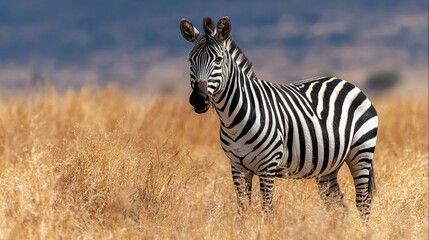 Fototapeta premium Male zebra, alert, stands in African savanna.