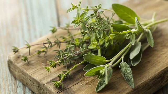 Fresh herbs on a wooden cutting board for cooking and recipe use