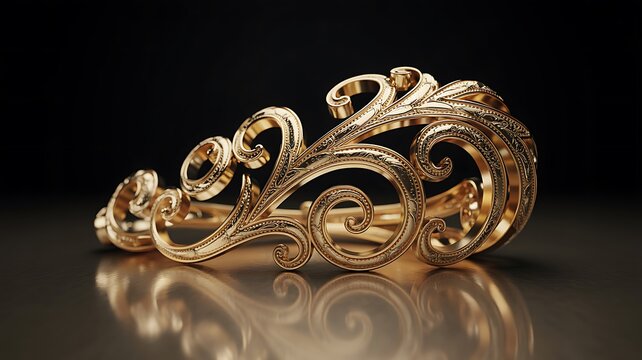 Intricately designed gold bracelet with swirling patterns on dark background