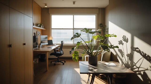 Modern home office with plant and computer workspace in natural light