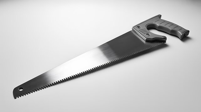A large metal handsaw with a black handle on a gray background