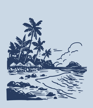 Tropical landscape sketch, beach, ocean, monochrome illustration, hand-drawn vector graphics
