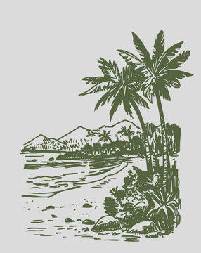Tropical landscape sketch, beach, ocean, monochrome illustration, hand-drawn vector graphics