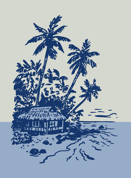 Tropical landscape sketch, beach, ocean, monochrome illustration, hand-drawn vector graphics