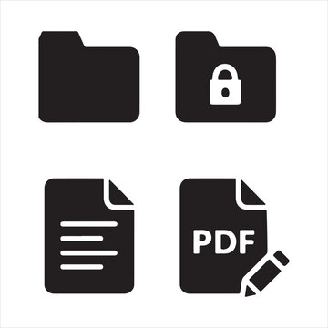 Set of file and folder icons including a standard folder, a locked folder, a document file, and a pdf file with an edit pencil icon