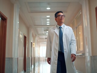 Fototapeta premium A professional Asian male doctor in his 30s walks through a bright hospital corridor wearing a white coat and glasses.