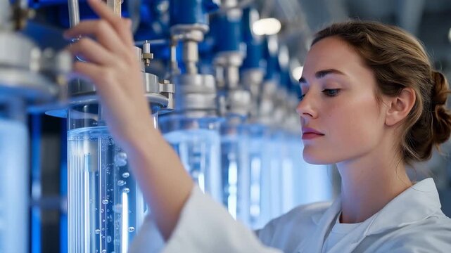 Green hydrogen electrolyzer facility interior at night, rows of stainless steel electrolysis cells glowing blue-white under LED strips, single female process engineer reviewing pre