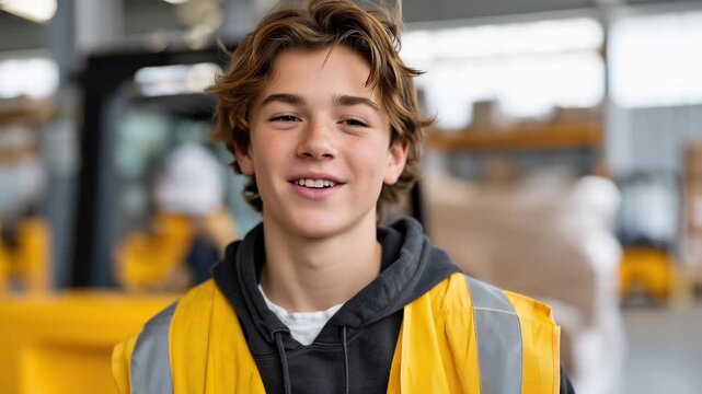 High school student in safety vest shadowing warehouse supervisor operating forklift, logistics apprenticeship program, career pathway, vocational training, supply chain workforce