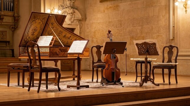 Baroque-style harpsichord with sheet music and string instruments in elegant concert hall setting