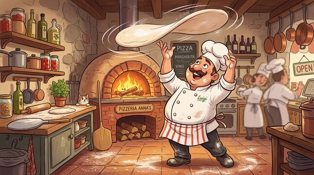 Chef luigi tossing pizza dough in a traditional pizzeria kitchen